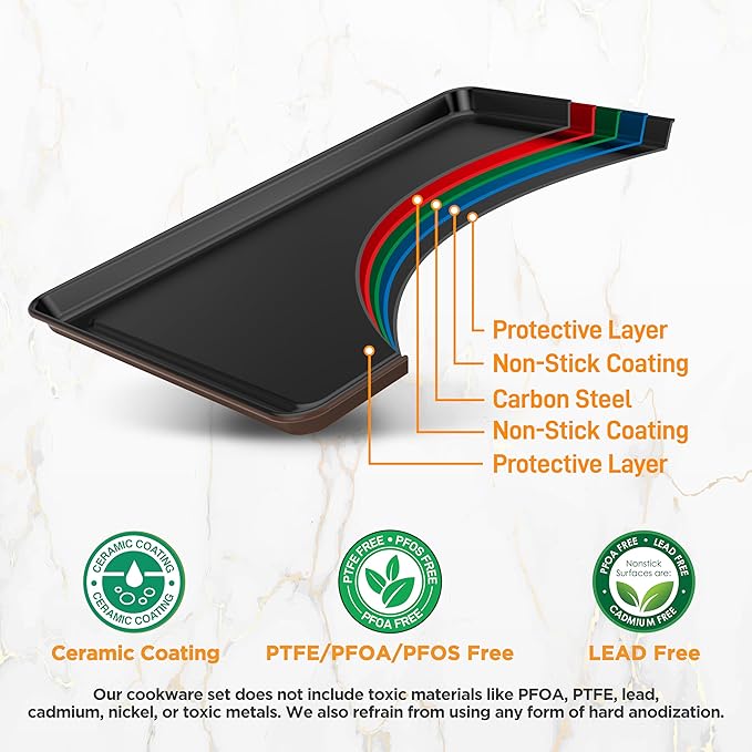 NutriChef 8-Piece Nonstick Stackable Bakeware Set - PFOA, PFOS, PTFE Free Baking Tray Set w/Non-Stick Coating, 450°F Oven Safe, Round Cake, Loaf, Muffin, Wide/Square Pans, Cookie Sheet (Brown)