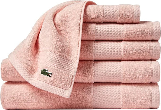 Lacoste Heritage Supima Cotton 6-Piece Towel Set, 2 Bath Towels, 2 Hand Towels, 2 Washcloths, Light Pink – Highly Absorbent & Quick Drying, Bathroom Essential, Machine Washable