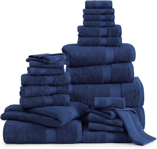LANE LINEN 24 PCs Bath Towel Set - 2 Bath Sheets, 4 Bath Towels, 4 Fingertip, 8 Washcloths, 6 Hand Towels - 100% Ring Spun Cotton - Highly Absorbent Towels for Bathroom, Gym, Hotel & Spa - Navy Blue