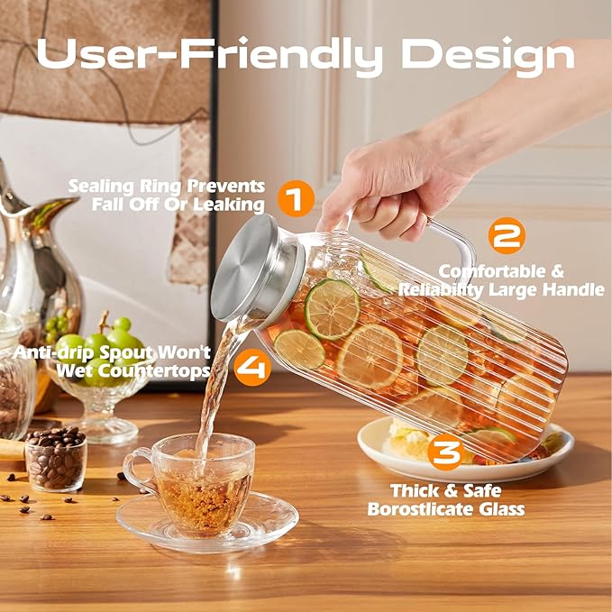 2 Liters/68oz 2 Pack Stripes Glass Pitcher with Lid and Handle for Fridge Door, Aofmee Borosilicate Glass Heat Resistant Dishwasher Safe Iced Tea Jar, Carafe with Scale Line for Hot/Cold Beverage