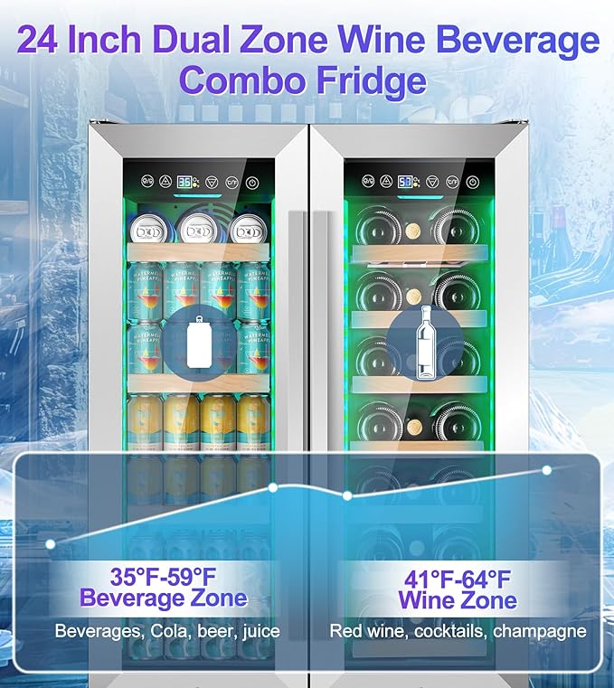 3 LED Wine and Beverage Refrigerator, 90 Can & 21 Bottle Dual Zone Stainless-Steel Wine Beverage Cooler, 24 Inch Built-In or Freestanding Wine and Drink Fridge Fast Cooling for Home/Kitchen