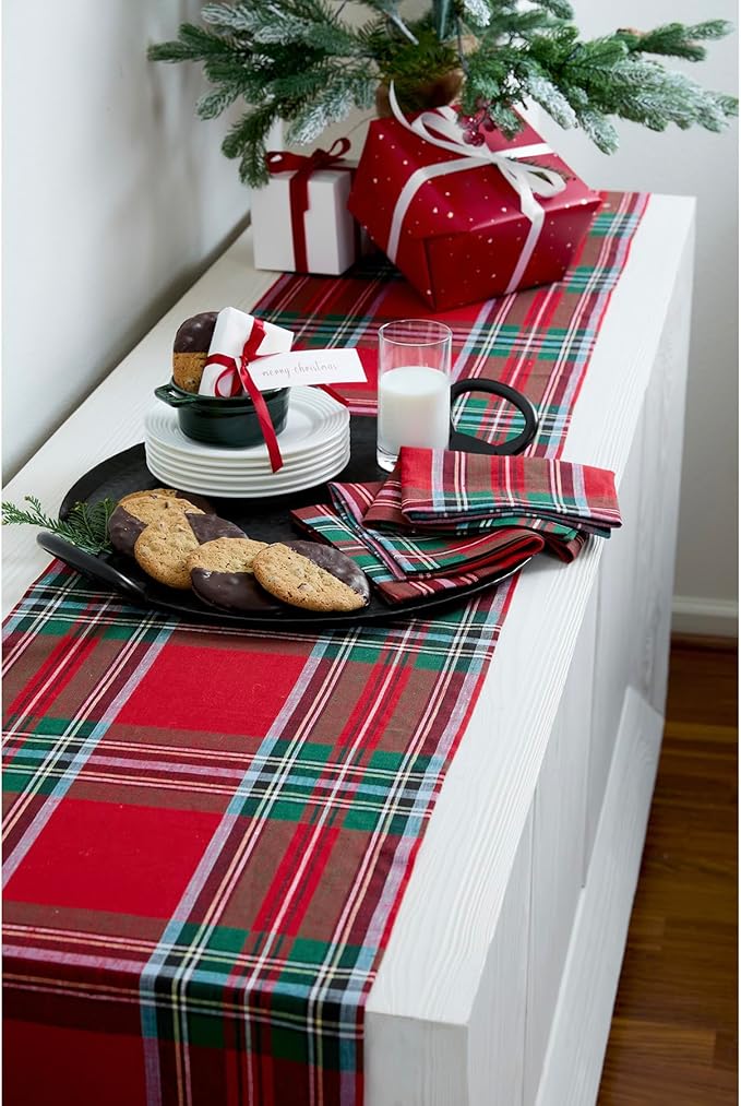 Solino Home Table Runner 72 Inches Long - 100% Pure Linen Red Tartan Plaid Table Runner 14 x 72 Inch for Dining, New Year - Madras Holiday Plaid