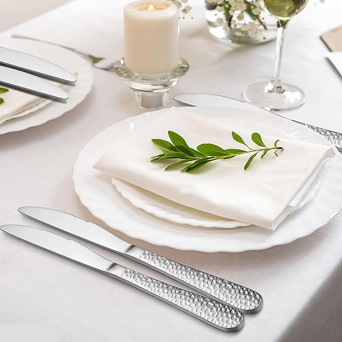 E-far Dinner Knives Set of 6, Stainless Steel Hammered Serrated Table Knife for Home Kitchen Restaurant, Mirror Polished & Dishwasher safe-8.9 Inches