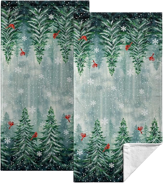 Winter Forest Hand Towels for Bathroom Pine Tree Cardinal Kitchen Towel Snowflakes Home Decor Dish Towels Farmhouse Soft Absorbent for Holiday Xmas Kitchen