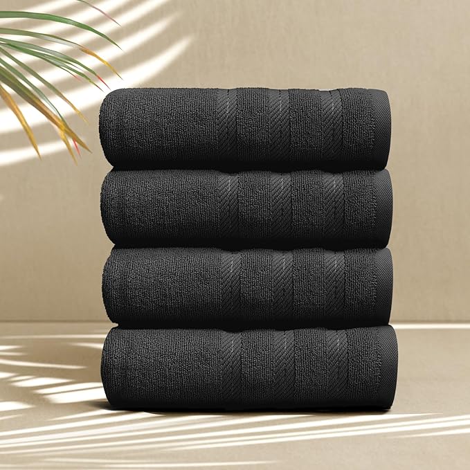 Hearth & Harbor Luxury Hand Towels - 100% Ring Spun Cotton Hand Towels for Bathroom, Shower, Spa, Soft & Absorbent Towels, 4 Piece Set, Black