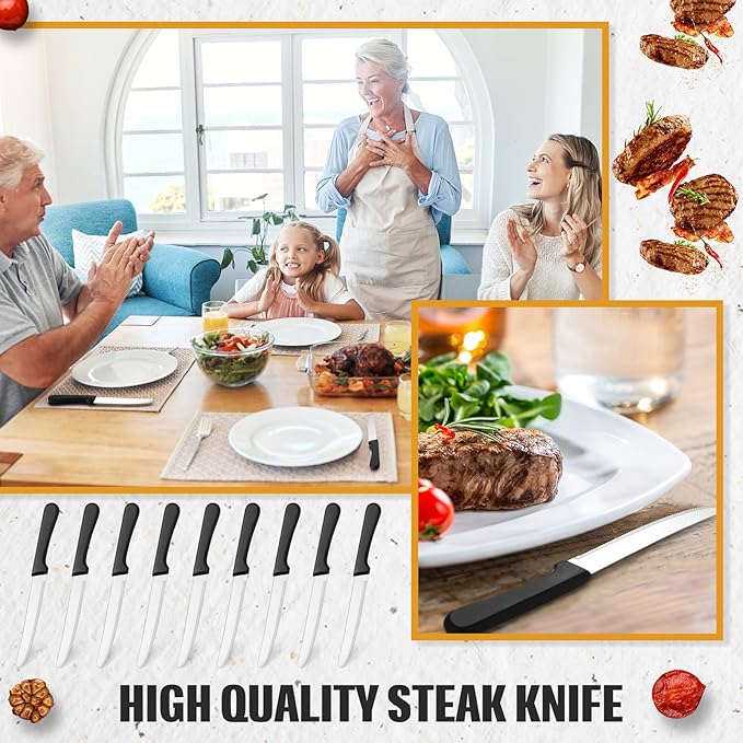 Zhehao 150 Pcs 8.39 Inches Steak Knife Sets Black Stainless Steel Serrated Edge Dinner Knives with Plastic Handle and Round Tip for Home Restaurant
