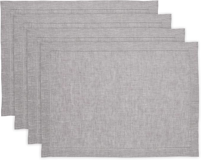Solino Home Linen Placemats Set of 4 - Milan Hemstitch Oyster Grey Placemats 14 x 19 Inch - 100% Pure Linen Table Mats for Holiday, New Year