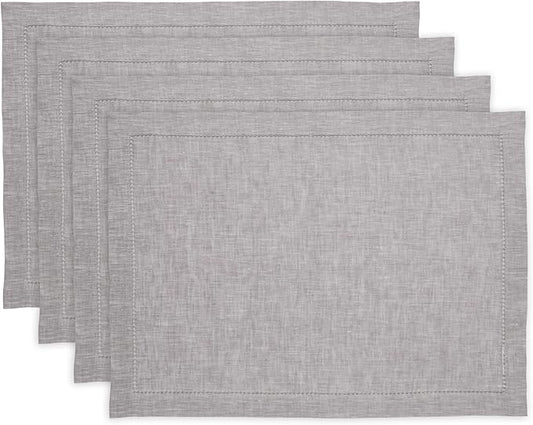 Solino Home Linen Placemats Set of 4 - Milan Hemstitch Oyster Grey Placemats 14 x 19 Inch - 100% Pure Linen Table Mats for Holiday, New Year