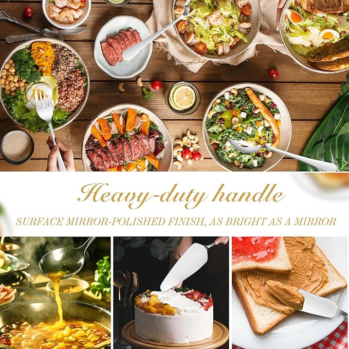 MWELLEWM 17Pcs Serving Utensils, Silver Stainless Steel Large Serving Spoons, Slotted Spoon, Fork, Tongs, Cake Pie Server, Soup Spoon Metal Buffet Banquet Cutlery Set for Parties Entertaining Catering