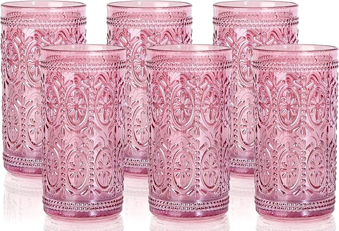 6 Pack Pink Glassware Drinking, 12oz Highball Embossed Beverage Glass Cup, Vintage Drinking Glasses, Colored Water Glasses for Party Wedding Home Office and Gift