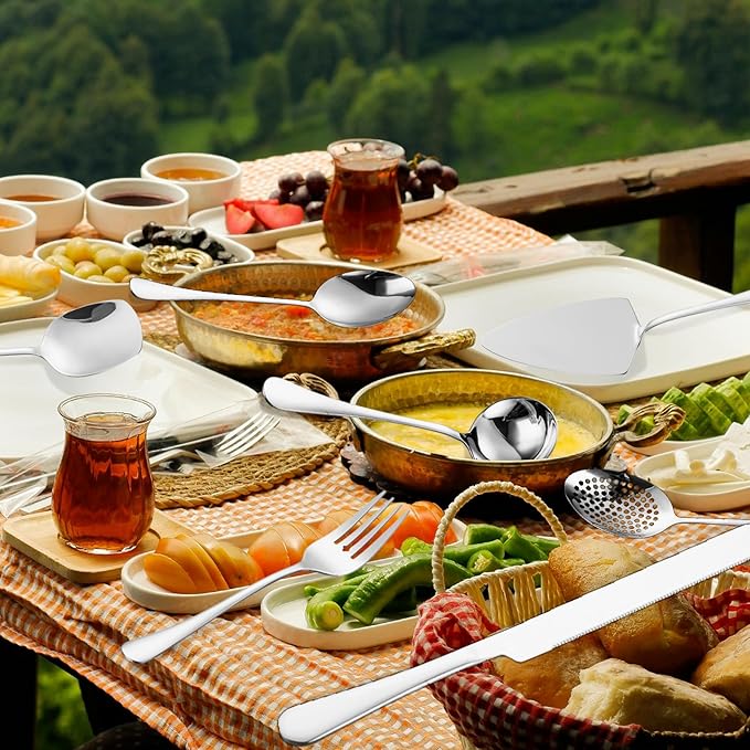 Serving Utensil Set 11-Piece Stainless Steel Modern Flatware Server All Metal Kitchen Cooking Tools Solid Spoon Slotted Ladle Skimmer Pasta Server Cake Knife Cutter Spatula Turner