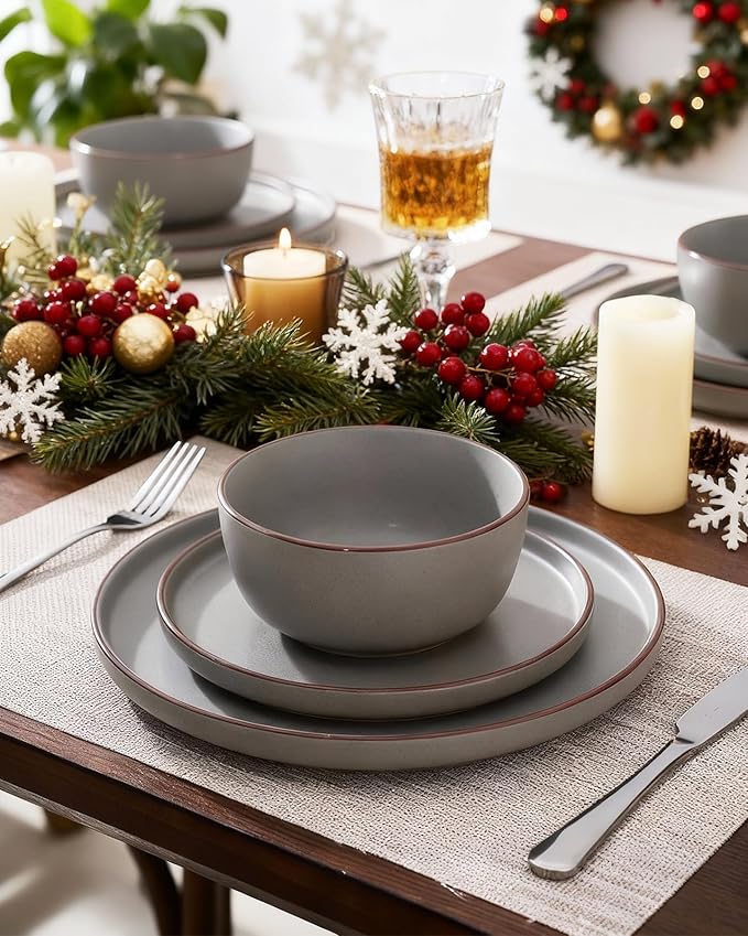 Famiware Mercury Plates and Bowls Sets, 12 Pieces Stoneware Dinnerware Sets, Dishes Set for 4, Microwave and Dishwasher Safe, Dark Grey