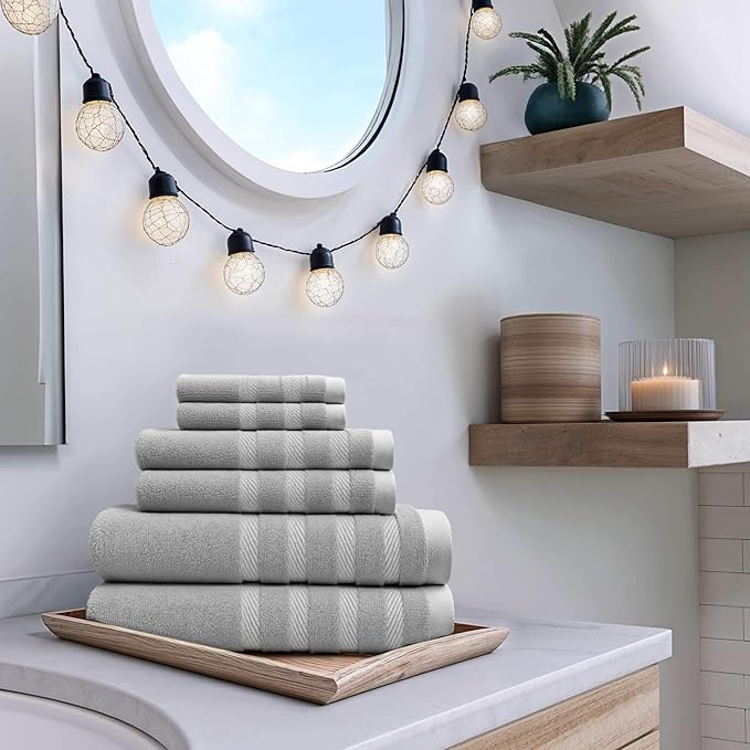 Hearth & Harbor Bath Towels for Bathroom - 100% Ring Spun Cotton Luxury Bathroom Towels - Soft & Highly Absorbent Bath Towels Set, 6 Piece Set, Light Gray