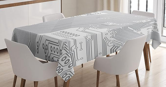 Ambesonne Digital Tablecloth, Computer Motherboard Electronic Hardware Technical Display Futuristic Plan Design, Dining Room Kitchen Rectangular Table Cover, 60" X 84", White Grey