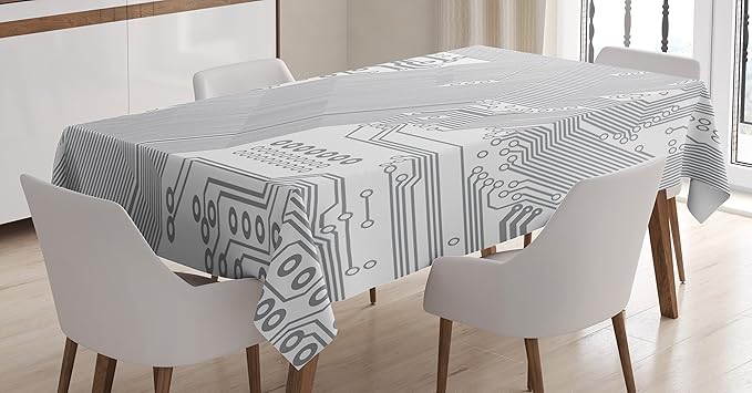 Ambesonne Digital Tablecloth, Computer Motherboard Electronic Hardware Technical Display Futuristic Plan Design, Dining Room Kitchen Rectangular Table Cover, 52" X 70", White Grey