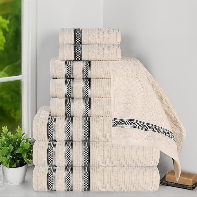 Superior Cotton 9-Piece Towel Set, Zero Twist, Ribbed Geometric, Bathroom Essentials, Shower, Spa, Luxury Plush Soft Absorbent Towels, Includes 3 Bath, 3 Hand, 3 Washcloth/Face Towels, Ivory