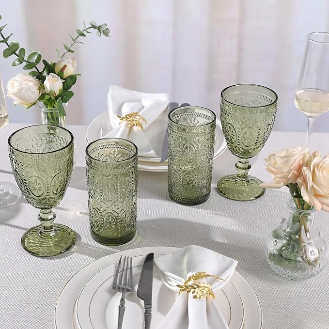 Green Drinking Glasses Set of 4, Vintage Drinking Glasses, Colored Glassware Drinking, Highball Beverage Glasses Cup, Vintage Glassware Set for Water, Juice, Cocktail, Coffee