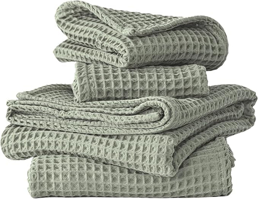 4-Piece Waffle Towels Set for Bathroom - Soft 100% Turkish Cotton Quick-Dry Lint-Free Waffle Weave Thin Bath and Hand Towels (Sage, 2 Bath & 2 Hand Towel Set)