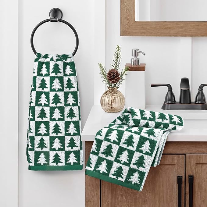 Jacquotha Christmas Hand Towels Set - 4-Piece Green Checkered & Tree Towels for Bathroom Kitchen Decor, Holiday Winter Cheer, Cotton, 13” x 29”