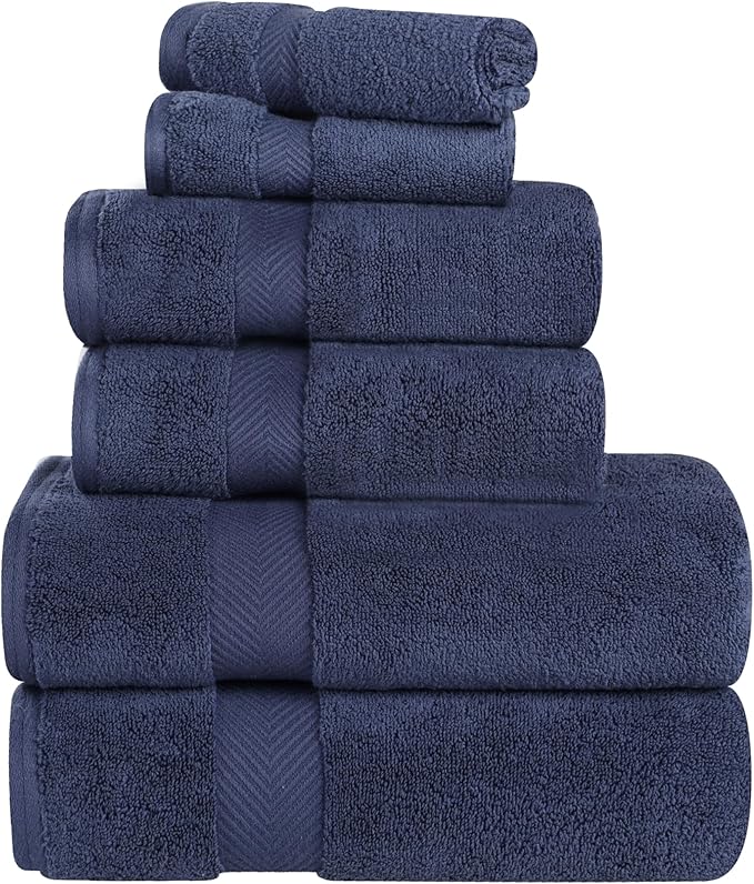 Superior Zero Twist 100% Cotton Towel Set - 6-Piece Set, Extra Soft Bath Towels, Face Towels and Hand Towels, Long-Staple Cotton Towels, Midnight Blue
