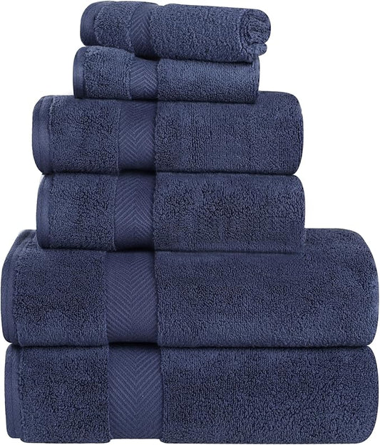 Superior Zero Twist 100% Cotton Towel Set - 6-Piece Set, Extra Soft Bath Towels, Face Towels and Hand Towels, Long-Staple Cotton Towels, Midnight Blue
