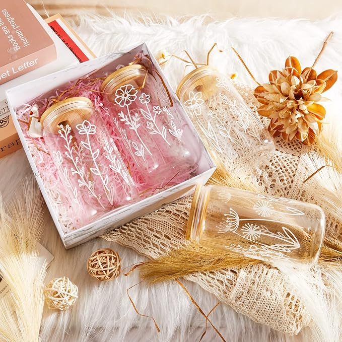 Mumufy Gift for Women Cute Glass Cup Tumbler Flower Iced Coffee Mugs 16 oz Glass with Bamboo Lid & Straw, Mothers Day Birthday Gift for Mom Sister Bridesmaid Baby Shower(12 Pack,Boho Floral)