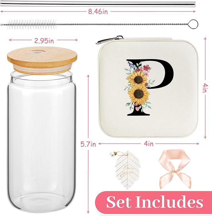AYGXU Travel Jewelry Organizer, 16oz Initial Glass Cups with Lids and Straws, Aesthetic Coffee Cups, Graduation Travel Essentials, Personalized Jewelry Boxes for Women, Initial P White