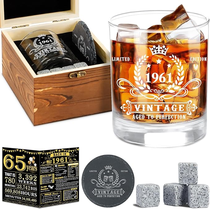 YeohJoy 65th Birthday Gifts for Men,Vintage 1961 Whiskey Glass Set,Wood Box & Whiskey Stones & 1961 Poster Anniversary Card & Coaster,Birthday Gifts Ideas for Him,Husband,Dad