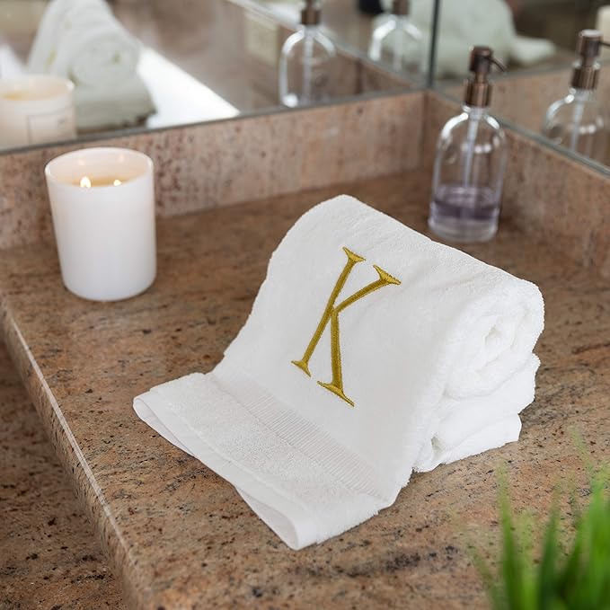 Monogrammed Hand Towels for Bathroom - Luxury Hotel Quality Personalized Initial Decorative Embroidered Bath Towel for Powder Room, Spa - GOTS Organic Certified - Set of 2 Gold Letter K