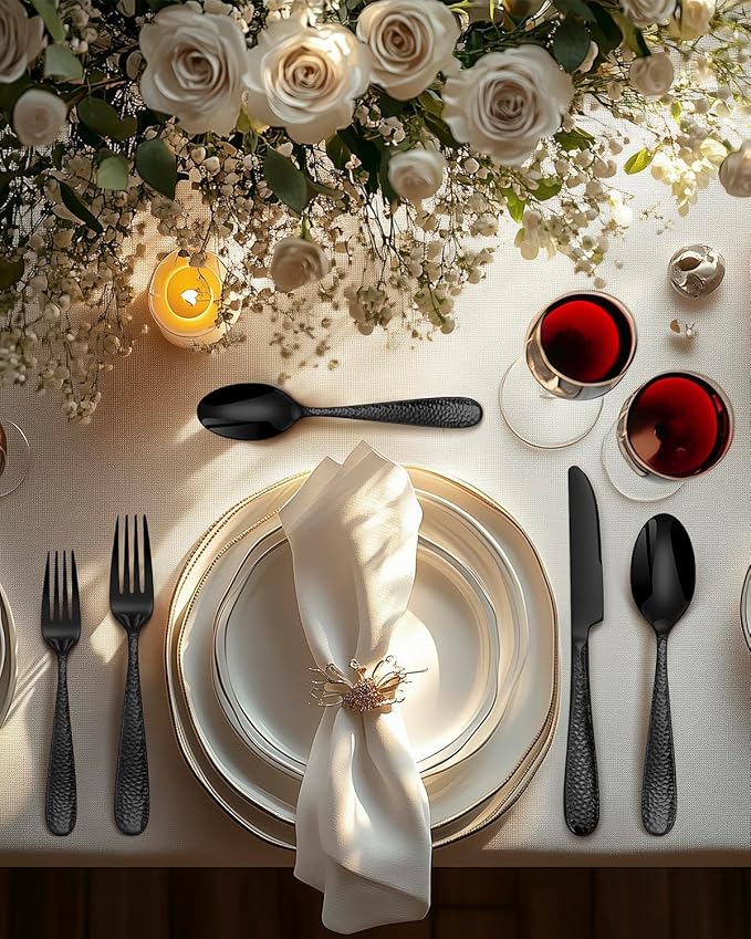 Hammered Black Silverware Set, EUIRIO 24 Pieces Cutlery Sets for 4, Heavy Duty Stainless Steel Flatware, Food-Grade Utensil Sets Includes Spoons Forks and Knives, Mirror Finish Dishwasher Safe