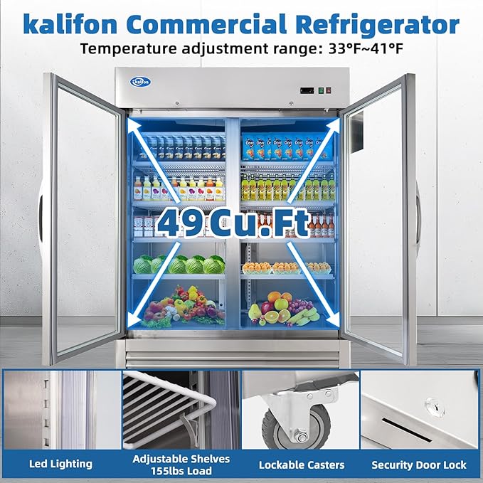 Beverage Refrigerator, 49 Cu.Ft Drink Fridge with Glass Door, Commercial Fridge with 8 Adjustable Shelves, Commercial Refrigerator with Front Led Light for Restaurant, Supermarket, Gym