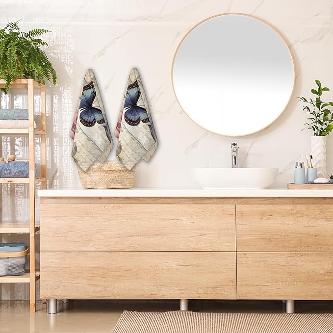 2 Pack Hand Towels for Bath, Rose Flower with Butterfly Decorative Kitchen Towels Highly Absorbent Soft Towels for Bathroom Beach Spa Gym Face Towel 14x28 Inch