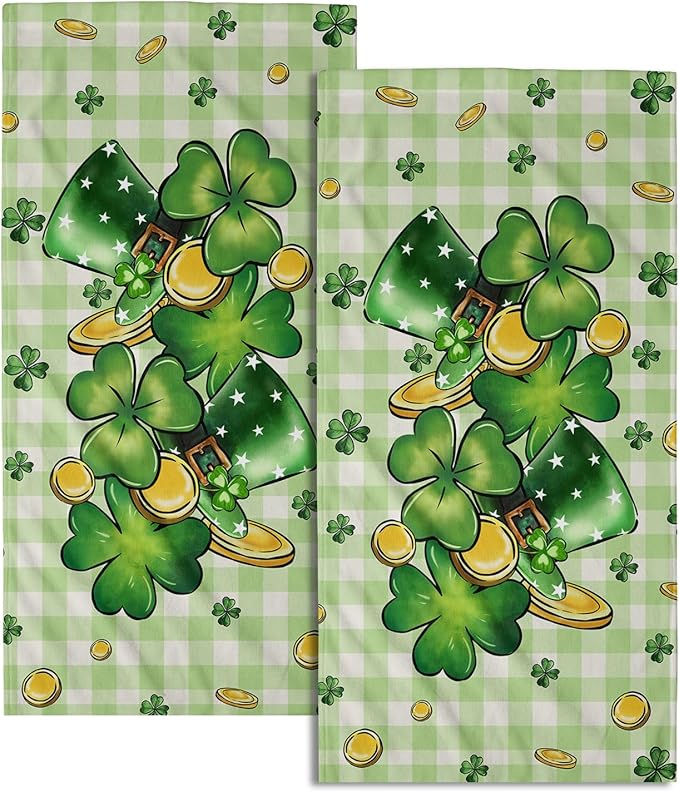Imiss Green Shamrock Hat Hand Towels 14.4 x 28.3 Inch Clover Gold Coin Decor St. Patrick's Day Fingertip Towels Set of 2 Buffalo Plaid Seasonal Farmhouse Washcloth for Hotel Gym Spa