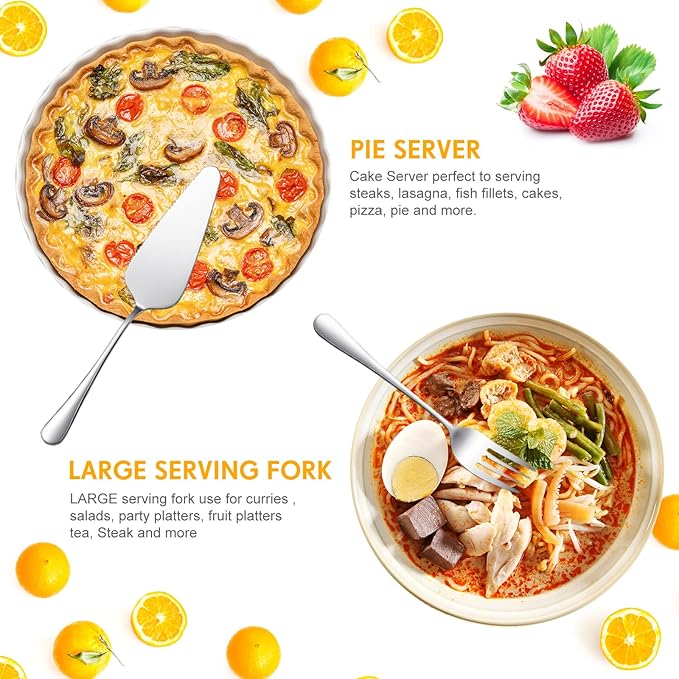 Patelai Serving Utensils Set Include Stainless Steel Large Spoons Slotted Spoons Forks Tongs Soup Ladle and Pie Server for Parties Buffet Catering, Dishwasher Safe(Silver,7 Pieces)