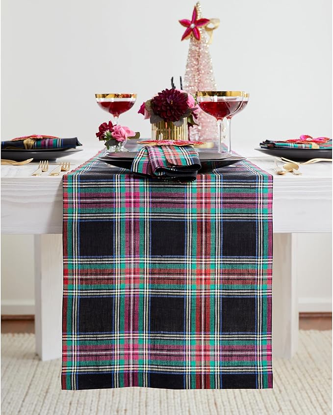 Solino Home Linen Plaid Table Runner 48 Inches - 100% Pure Linen Black Jewel Tartan Plaid Short Table Runner 14 x 48 Inch Ideal for Dresser and Coffee Tables