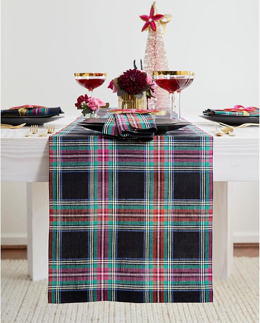 Solino Home Linen Plaid Table Runner 90 Inches Long - 100% Pure Linen Black Jewel Tartan Plaid Table Runner 14 x 90 Inch for Dining, Holiday, New Year