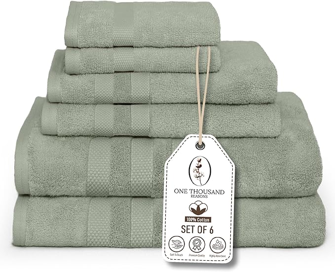 Premium Staple Cotton Bathroom Towel Set - Sage Green 600 GSM 6-Piece Luxury Bath Towel Set 3 Stripe - 2 Bath Towels, 2 Hand Towels & 2 Washclothes Set - High Absorbent & Quick Dry for Gym, Spa, Hotel