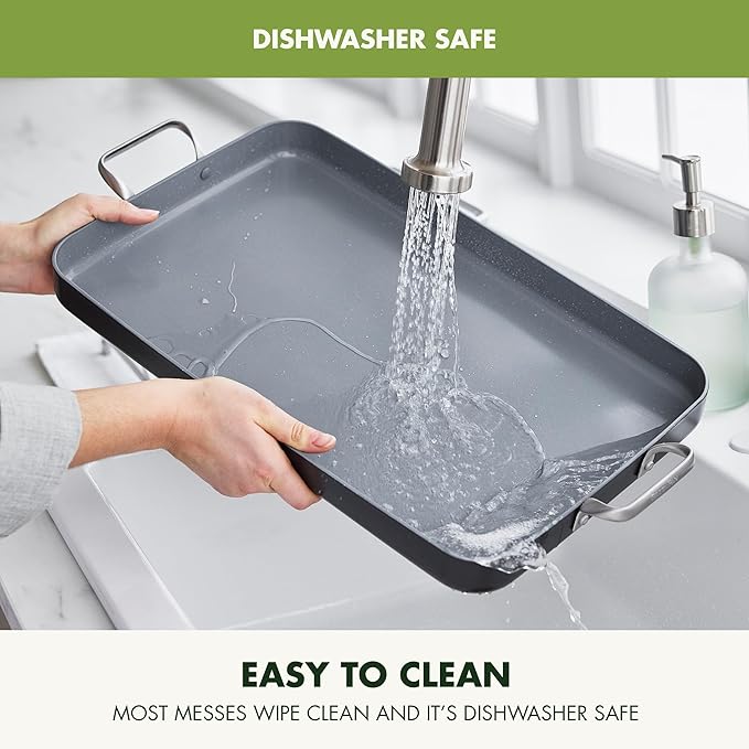 GreenPan Valencia Pro 18" x 11" Double Burner Griddle Pan, Induction Suitable, Ceramic Nonstick PFAS-Free, Rectangular Stovetop Cookware, Stainless Steel Handles, Dishwasher, Oven & Broiler Safe, Gray