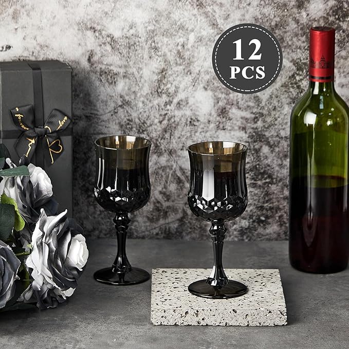 Pinkunn 12 Pcs 7 oz Plastic Vintage Wine Glasses Reusable Colored Goblets Patterned Drinking Water Glasses Cup Dishwasher Safe for Christmas Wedding Reception Party Supplies (Black)