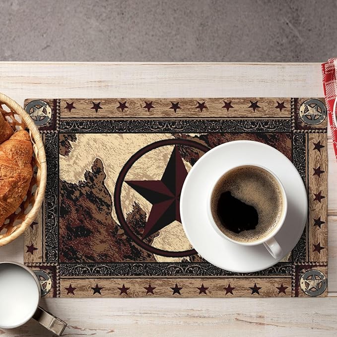 Western Texas Star Placemats Set of 4 Rustic Vintage Country Linen Washable Placemat Brown Wood Panel Kitchen Dining Heat-Resistant Place Mats Desktop Decor Table Mats 12x18 Inch