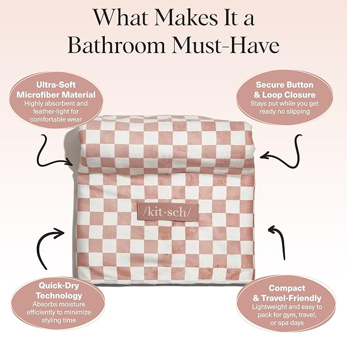 Kitsch XL Microfiber Hair Towel Wrap for Women – Ultra Absorbent Microfiber Towel for Wet, Curly, Long or Short Hair – Quick Dry, Anti-Frizz Hair Wrap – Terracotta Checkered, 40x24 inches