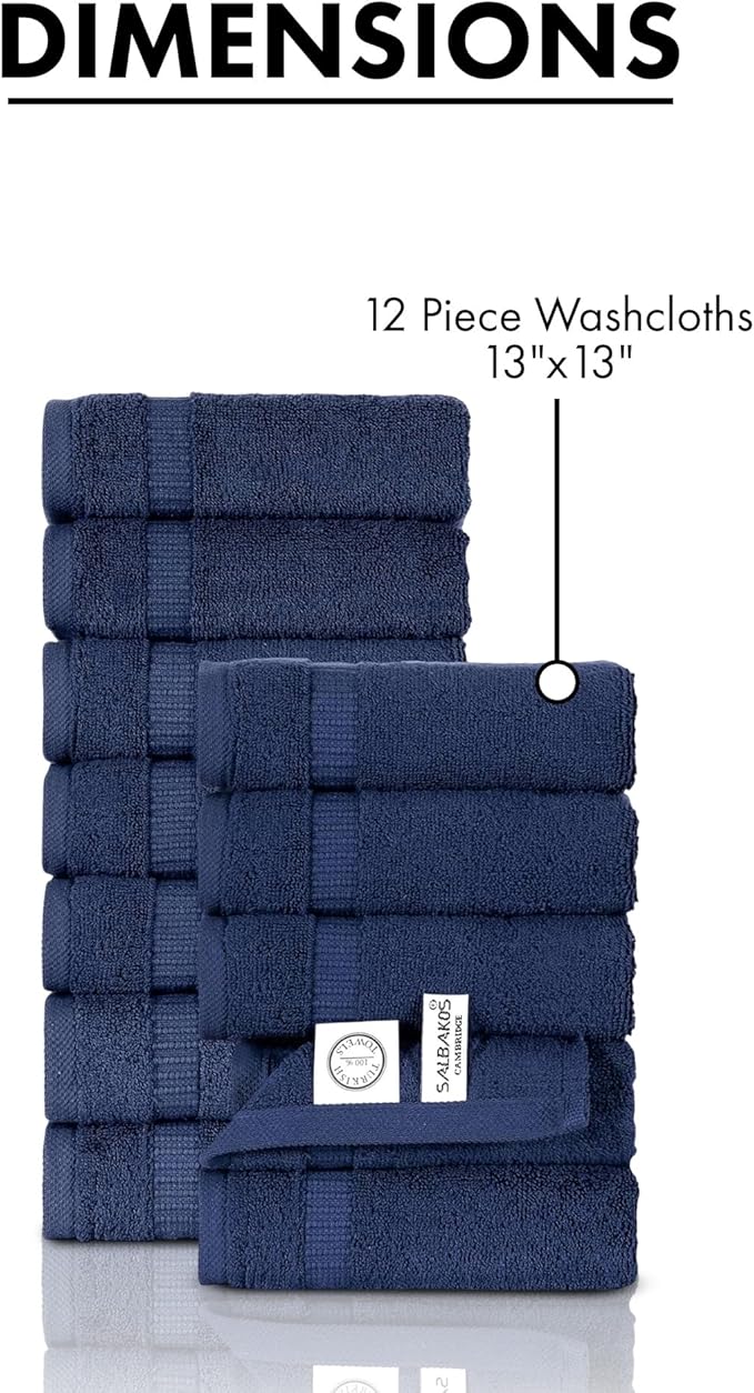 SALBAKOS 100% Turkish Cotton Washcloth Set of 12 13x13 inch | Heirloom Quality | Hotel & Spa Collection | Ultra Soft, Super Absorbent, Washcloth Towels | Made in Turkey (Navy, 12 Washcloths)