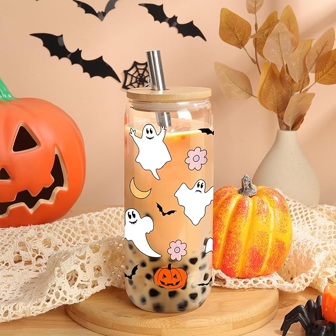 Joeyan Halloween Glass Cups with Lids and Straws,20 oz Pumpkin Ghost Iced Coffee Tumbler,Cute Spooky Can Shaped Beer Drinking Glasses,Holiday Gifts for Women Mom Friend Teen
