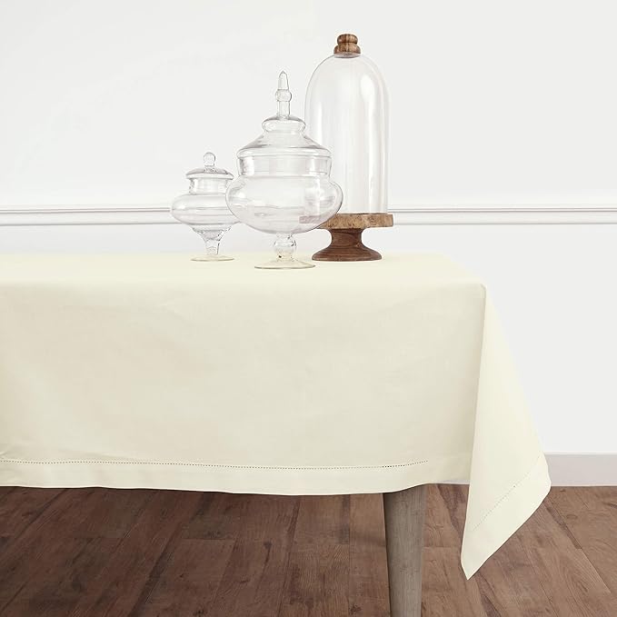 Solino Home Ivory Tablecloth 58 x 120 Inch - Cotton Linen Hemstitch Rectangular Tablecloth - Machine Washable Table Cloth for Holiday, New Year