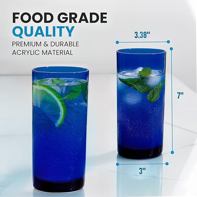 Zulay Kitchen Acrylic Plastic Glasses Drinkware - 6 Piece Unbreakable Plastic Tumblers - BPA-Free, Reusable Plastic Drinking Glasses for Home & Outdoors - Lead-Free & Dishwasher Safe - Dark Blue 24 oz