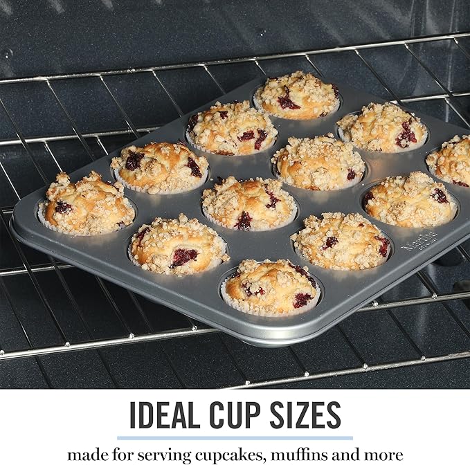 Martha Stewart Gallen 12 Cup Nonstick Carbon Steel Muffin and Cupcake Pan - Silver Durable Bakeware for Muffins, Cupcakes & Mini Cakes