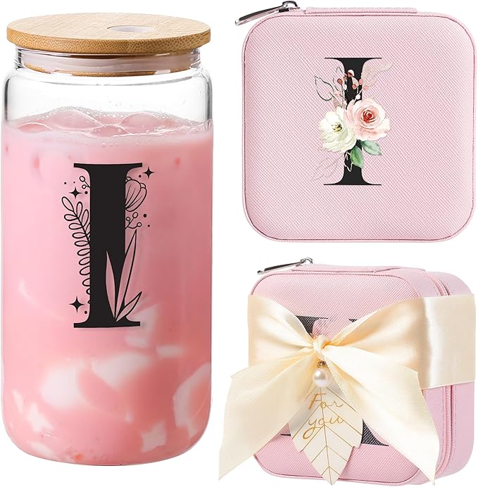 AYGXU Small Travel Jewelry Case, Portable Jewelry Box, Organizer Storage Holder Box, Iced Coffee Cute Tumbler Cup, Bamboo Lids for Glass, Teacher Gifts for Women, Initial I Pink