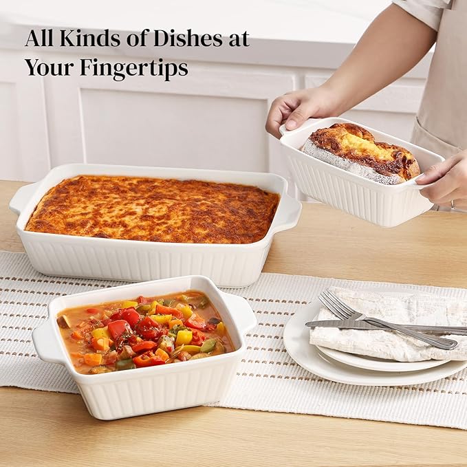DOWAN Casserole Dishes for Oven, Baking Dishes Set, Ceramic Bakeware Sets of 3, Lasagna Pan Deep, Rectangular Baking Pan Set with Handles for Baking, Casserole, Kitchen, Wedding Gift, White (13''/8''/4'')