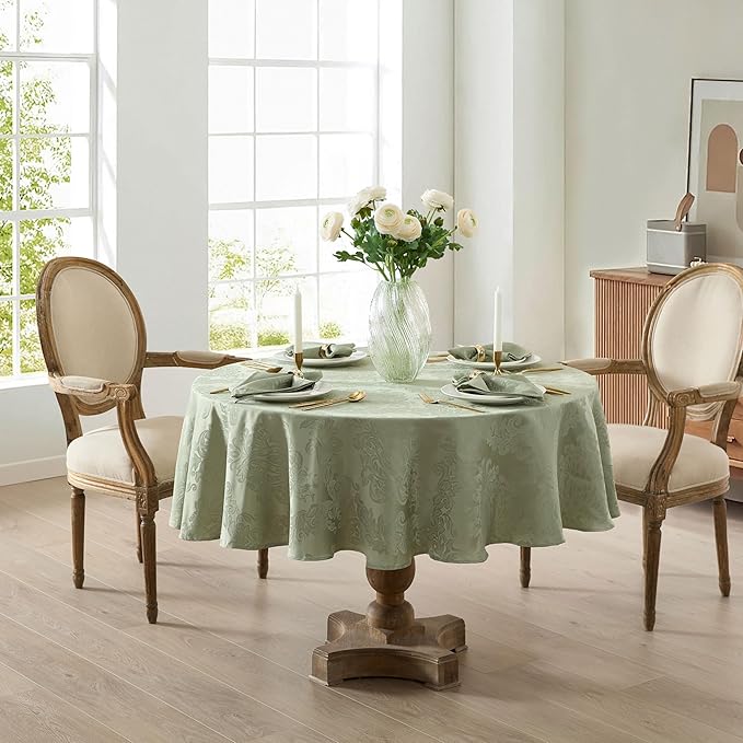 Newbridge Christmas Barcelona Damask Fabric Tablecloth, 70 Inch Round, Sage Green – No Iron, Soil Resistant Table Cover for Dining, Parties and Holidays