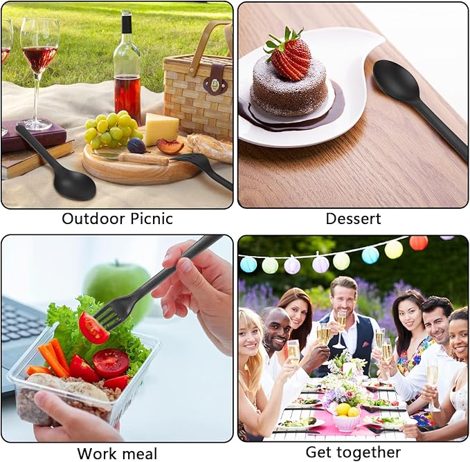 Supernal 180pcs Plastic Silverware Heavy Duty Matt Black Silverware Set Plastic Reusable Wheat Straw Cutlery Set Wheat Straw Reusable Spoon Knife Forks Set Tableware Dishwasher Microwave Safe